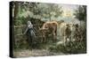 Daughter of a Farmer Bringing the Cattle (Herd of Cows) Back to the Farm. Colourful Engraving of Th-null-Stretched Canvas