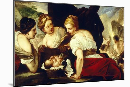 Daughters of Cecrops Opening Basket Which Holds Baby Erichthonius-Luca Giordano-Mounted Giclee Print