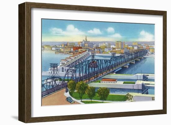 Davenport, Iowa, Aerial View of Bridge and Roller Dam between City and Rock Island, IL-Lantern Press-Framed Art Print
