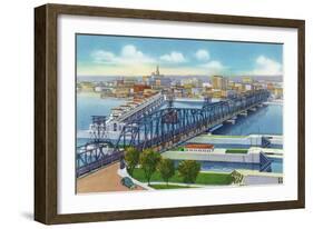 Davenport, Iowa, Aerial View of Bridge and Roller Dam between City and Rock Island, IL-Lantern Press-Framed Art Print