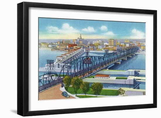 Davenport, Iowa, Aerial View of Bridge and Roller Dam between City and Rock Island, IL-Lantern Press-Framed Art Print