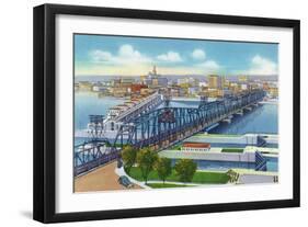 Davenport, Iowa, Aerial View of Bridge and Roller Dam between City and Rock Island, IL-Lantern Press-Framed Art Print