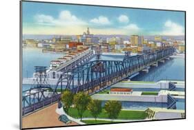 Davenport, Iowa, Aerial View of Bridge and Roller Dam between City and Rock Island, IL-Lantern Press-Mounted Art Print