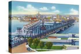 Davenport, Iowa, Aerial View of Bridge and Roller Dam between City and Rock Island, IL-Lantern Press-Stretched Canvas