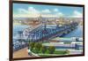 Davenport, Iowa, Aerial View of Bridge and Roller Dam between City and Rock Island, IL-Lantern Press-Framed Art Print