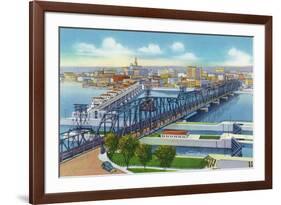 Davenport, Iowa, Aerial View of Bridge and Roller Dam between City and Rock Island, IL-Lantern Press-Framed Premium Giclee Print