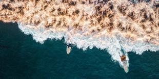 Aerial drone photo of surfers riding Pacific Ocean waves in San Diego, California at Sunset Cliffs-David Chang-Photographic Print