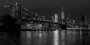 Black and white Manhattan skyline from Brooklyn Bridge park with reflection in the East River-David Chang-Photographic Print