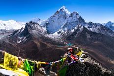 Prayer flags in Himalayas, Nepal with Ama Dablam mountain from high elevation with snow and lake-David Chang-Photographic Print