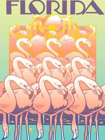 Flamingos Against Colored Background with Sign 'Florida' Above