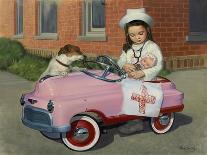 Little Boy in Toy Car with Girl Leaning on it Outside Old Fashioned Diner-David Lindsley-Giclee Print