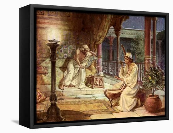 David playing on the harp for Saul, - Bible-William Brassey Hole-Framed Stretched Canvas