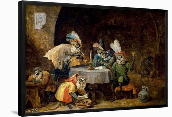 David Teniers / 'A Tavern Interior with Monkeys Drinking and Smoking', 17th century, Flemish Sch...-DAVID TENIERS THE YOUNGER-Framed Poster