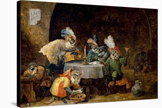 David Teniers / 'A Tavern Interior with Monkeys Drinking and Smoking', 17th century, Flemish Sch...-DAVID TENIERS THE YOUNGER-Stretched Canvas