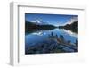 Dawn Illuminates Snowy Peaks and Bell Tower Reflected in Lake Sils, Switzerland-Roberto Moiola-Framed Photographic Print