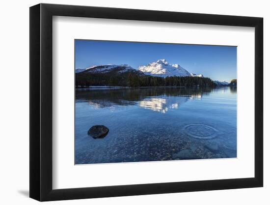 Dawn Illuminates Snowy Peaks and Bell Tower Reflected in Lake Sils, Switzerland-Roberto Moiola-Framed Photographic Print