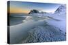 Dawn Illuminates the Beach Covered with Frozen Snow in the Cold Sea of Uttakleiv-Roberto Moiola-Stretched Canvas