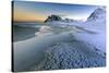 Dawn Illuminates the Beach Covered with Frozen Snow in the Cold Sea of Uttakleiv-Roberto Moiola-Stretched Canvas