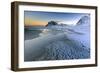 Dawn Illuminates the Beach Covered with Frozen Snow in the Cold Sea of Uttakleiv-Roberto Moiola-Framed Photographic Print