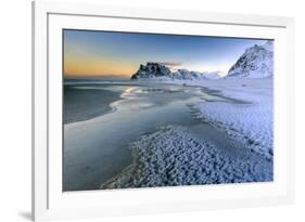 Dawn Illuminates the Beach Covered with Frozen Snow in the Cold Sea of Uttakleiv-Roberto Moiola-Framed Photographic Print