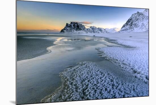 Dawn Illuminates the Beach Covered with Frozen Snow in the Cold Sea of Uttakleiv-Roberto Moiola-Mounted Photographic Print