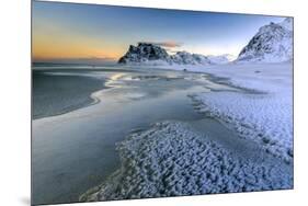 Dawn Illuminates the Beach Covered with Frozen Snow in the Cold Sea of Uttakleiv-Roberto Moiola-Mounted Photographic Print