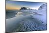 Dawn Illuminates the Beach Covered with Frozen Snow in the Cold Sea of Uttakleiv-Roberto Moiola-Mounted Photographic Print