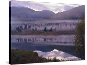 Dawn Mist in Autumnal Colours and Hunters Cabin Closed for the Winter, Kenai Peninsula, Alaska, USA-Jeremy Bright-Stretched Canvas