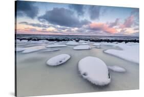 Dawn on the Cold Sea Surrounded by Snowy Rocks Shaped by Wind and Ice at Eggum-Roberto Moiola-Stretched Canvas