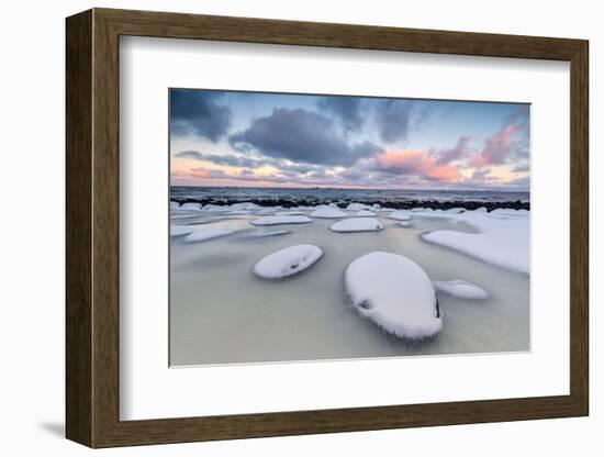 Dawn on the Cold Sea Surrounded by Snowy Rocks Shaped by Wind and Ice at Eggum-Roberto Moiola-Framed Photographic Print