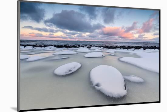 Dawn on the Cold Sea Surrounded by Snowy Rocks Shaped by Wind and Ice at Eggum-Roberto Moiola-Mounted Photographic Print