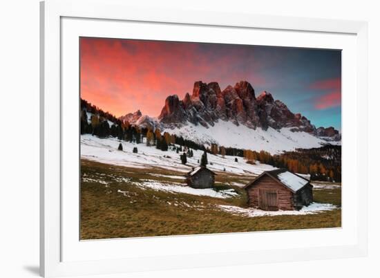 Dawn on the Odle with typical huts. Puez-Odle Natural Park, Trentino Alto Adige, Italy-ClickAlps-Framed Photographic Print