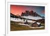 Dawn on the Odle with typical huts. Puez-Odle Natural Park, Trentino Alto Adige, Italy-ClickAlps-Framed Photographic Print