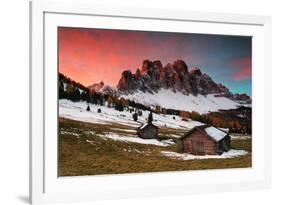 Dawn on the Odle with typical huts. Puez-Odle Natural Park, Trentino Alto Adige, Italy-ClickAlps-Framed Photographic Print