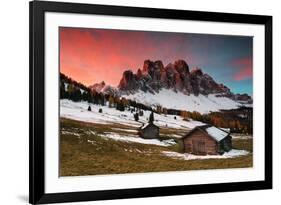 Dawn on the Odle with typical huts. Puez-Odle Natural Park, Trentino Alto Adige, Italy-ClickAlps-Framed Photographic Print