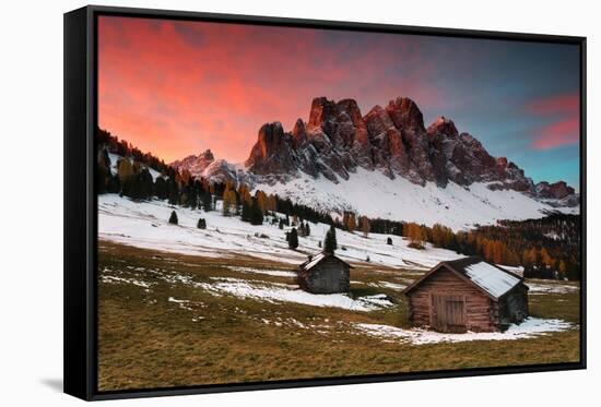 Dawn on the Odle with typical huts. Puez-Odle Natural Park, Trentino Alto Adige, Italy-ClickAlps-Framed Stretched Canvas