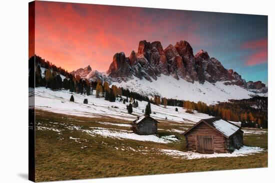 Dawn on the Odle with typical huts. Puez-Odle Natural Park, Trentino Alto Adige, Italy-ClickAlps-Stretched Canvas