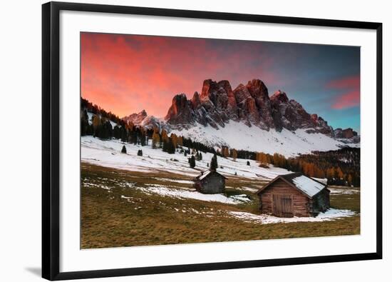 Dawn on the Odle with typical huts. Puez-Odle Natural Park, Trentino Alto Adige, Italy-ClickAlps-Framed Photographic Print