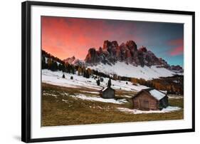 Dawn on the Odle with typical huts. Puez-Odle Natural Park, Trentino Alto Adige, Italy-ClickAlps-Framed Photographic Print