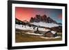 Dawn on the Odle with typical huts. Puez-Odle Natural Park, Trentino Alto Adige, Italy-ClickAlps-Framed Photographic Print