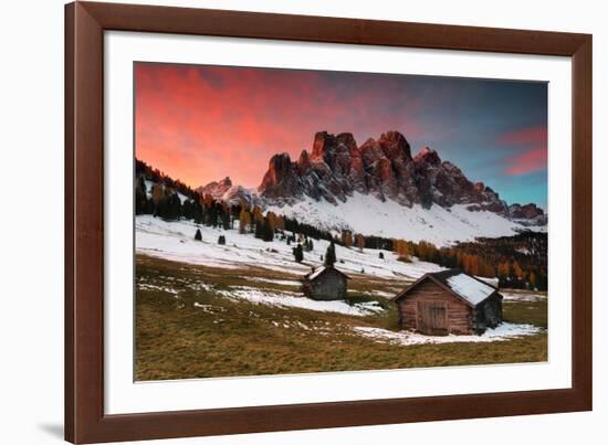 Dawn on the Odle with typical huts. Puez-Odle Natural Park, Trentino Alto Adige, Italy-ClickAlps-Framed Photographic Print