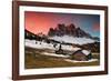 Dawn on the Odle with typical huts. Puez-Odle Natural Park, Trentino Alto Adige, Italy-ClickAlps-Framed Photographic Print