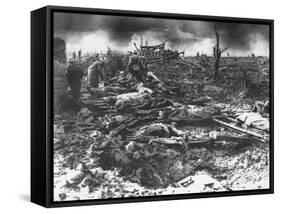 Dawn Rising on Muddy, Horrific Battlefield of Passchendaele as Soldiers Tend to the Dead During WWI-null-Framed Stretched Canvas