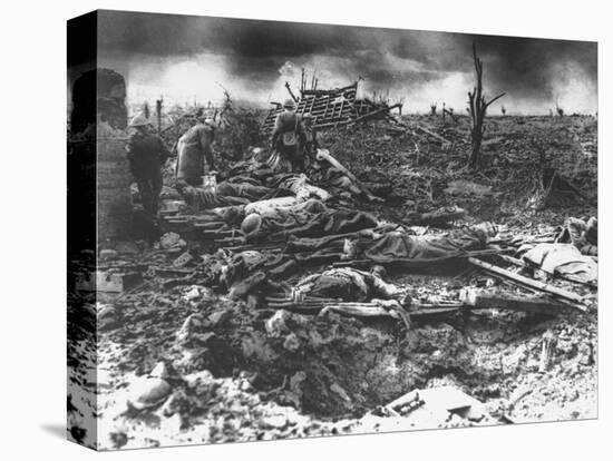Dawn Rising on Muddy, Horrific Battlefield of Passchendaele as Soldiers Tend to the Dead During WWI-null-Stretched Canvas