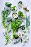 Variety of Green Vegetables Produce on Rustic White Background from Overhead, Broccoli, Celery, Avo-Daxiao Productions-Photographic Print