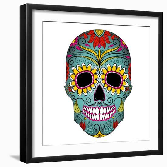 Day of the Dead Colorful Skull with Floral Ornament-Alisa Foytik-Framed Art Print