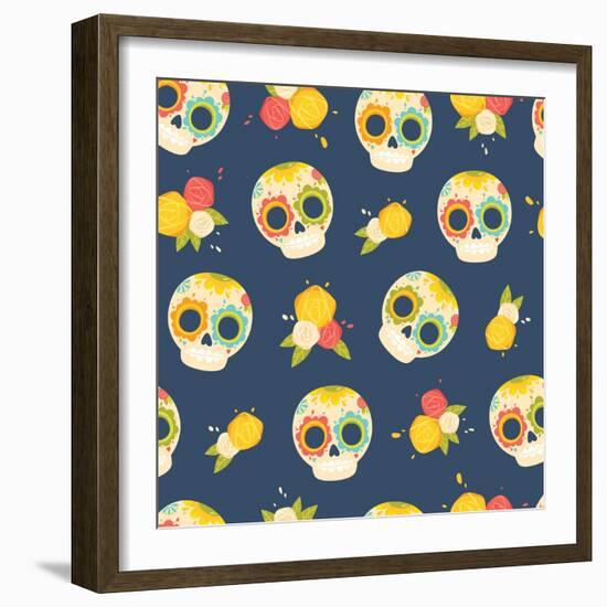 Day of the Dead Colorful Vector Pattern. Seamless Background with Mexican Sugar Skulls and Flowers.-orangemilk-Framed Art Print