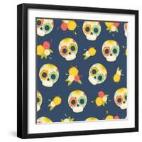 Day of the Dead Colorful Vector Pattern. Seamless Background with Mexican Sugar Skulls and Flowers.-orangemilk-Framed Art Print