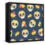 Day of the Dead Colorful Vector Pattern. Seamless Background with Mexican Sugar Skulls and Flowers.-orangemilk-Framed Stretched Canvas