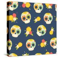 Day of the Dead Colorful Vector Pattern. Seamless Background with Mexican Sugar Skulls and Flowers.-orangemilk-Stretched Canvas